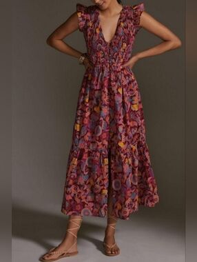 Anthropologie The Peregrine Smocked Floral Midi Dress In Wine Motif Size XSP
